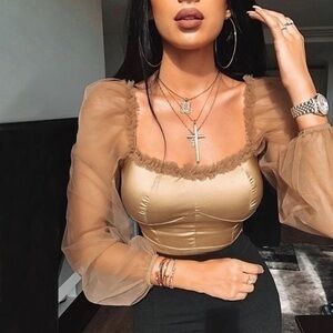 Satin Bustier Style Puff Sleeve Crop Top